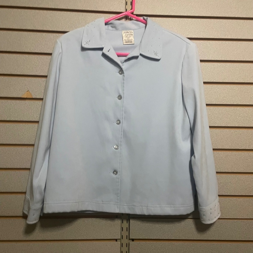 Allison Daley Petite Women's‎ Blue Beaded Collar & Cuff Long Sleeve Shirt 12 P